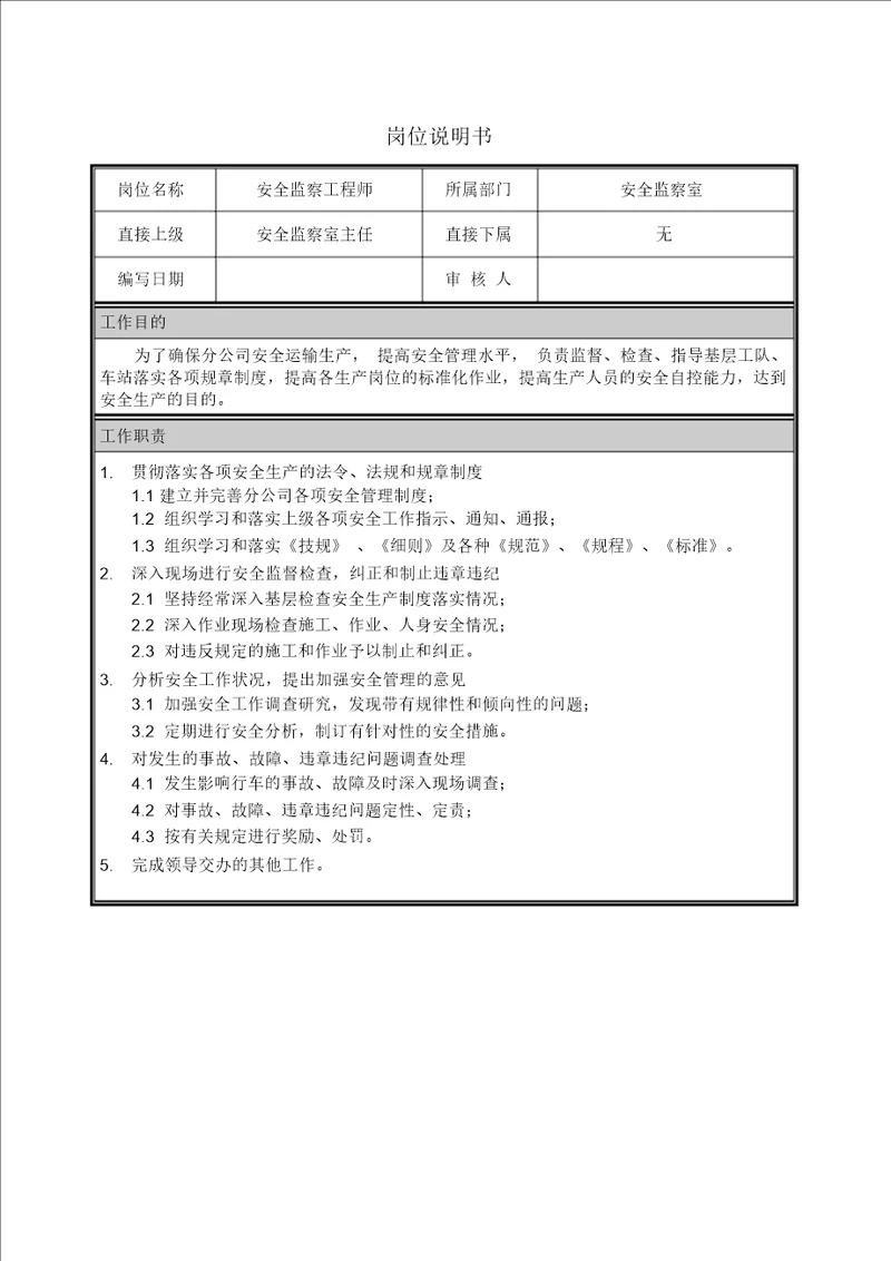 岗位说明书安全监察工程师