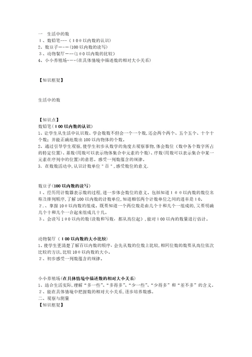 北师大版一年级数学知识点