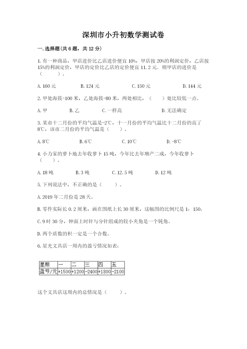 深圳市小升初数学测试卷必考题.docx