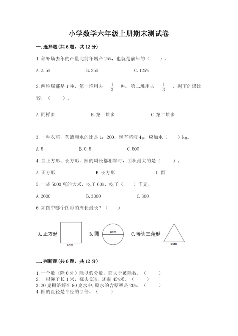 小学数学六年级上册期末测试卷含完整答案【典优】.docx