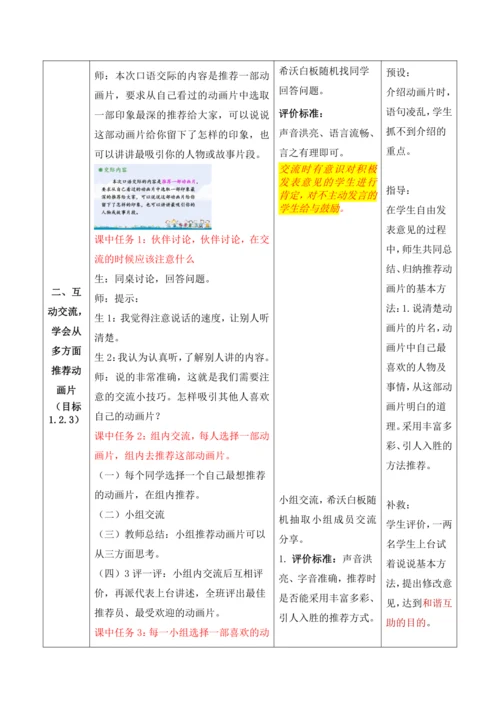 【大单元】统编版语文二下第八单元《口语交际：推荐一部动画片》 教学设计