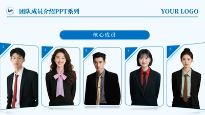 蓝色商务风5项团队介绍PPT单页