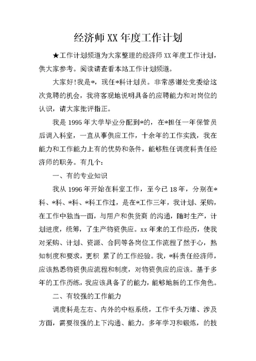 经济师XX年度工作计划
