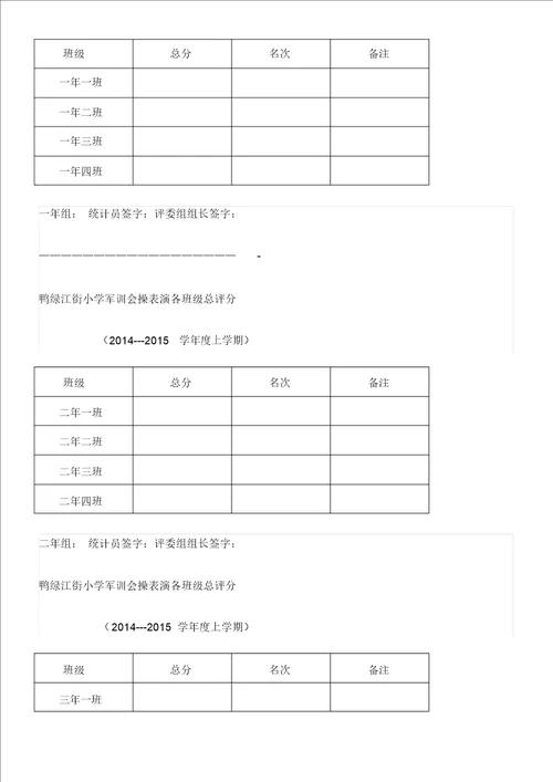 军训会操表演评分表及各班级总评分