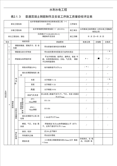 最新表2.1.3普通混凝土钢筋制作及安装工序施工质量验收评定表