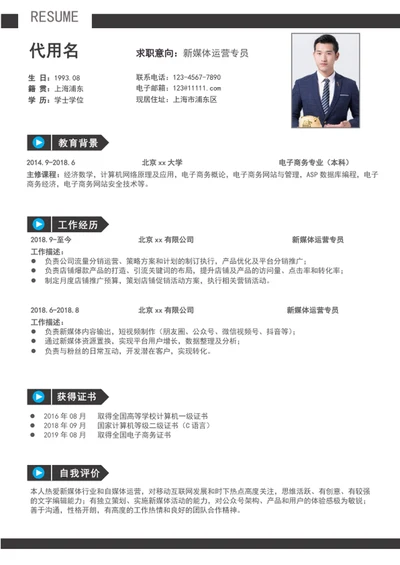 大气新媒体运营专员简历模板word个人简历