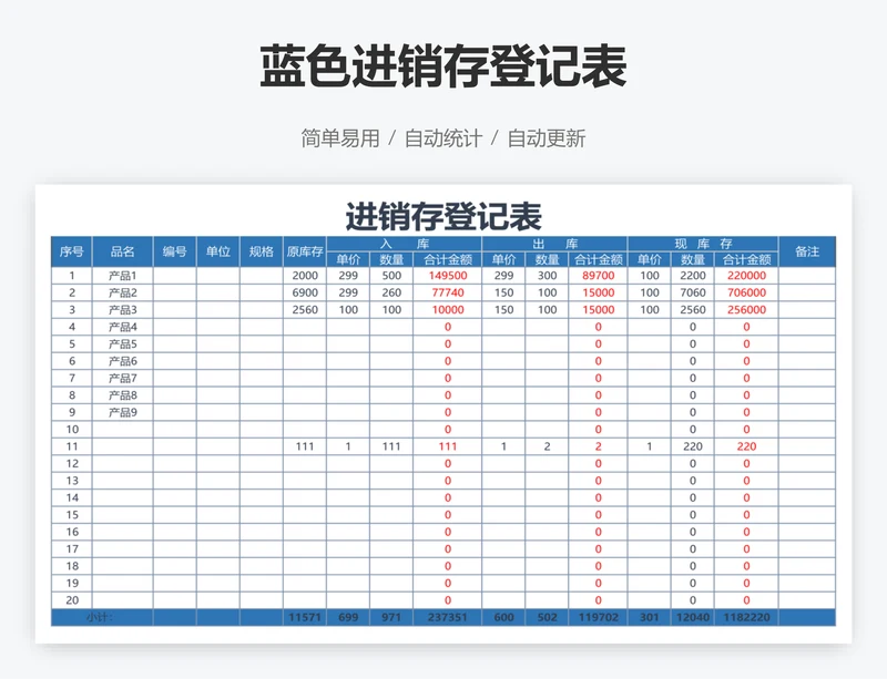 蓝色进销存登记表