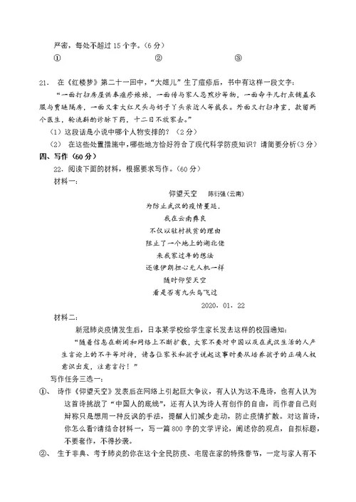 普通高等学校招生全国统一考试模拟卷（防疫版） 语 文