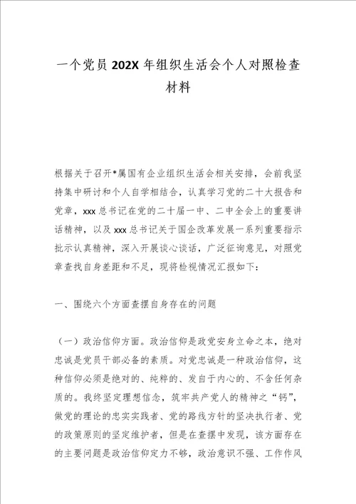 最新公文一个党员202X年组织生活会个人对照检查材料