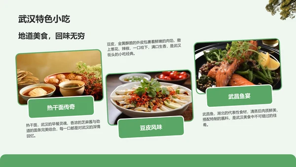 绿色摄影风武汉美食与文化体验旅行计划PPT模板