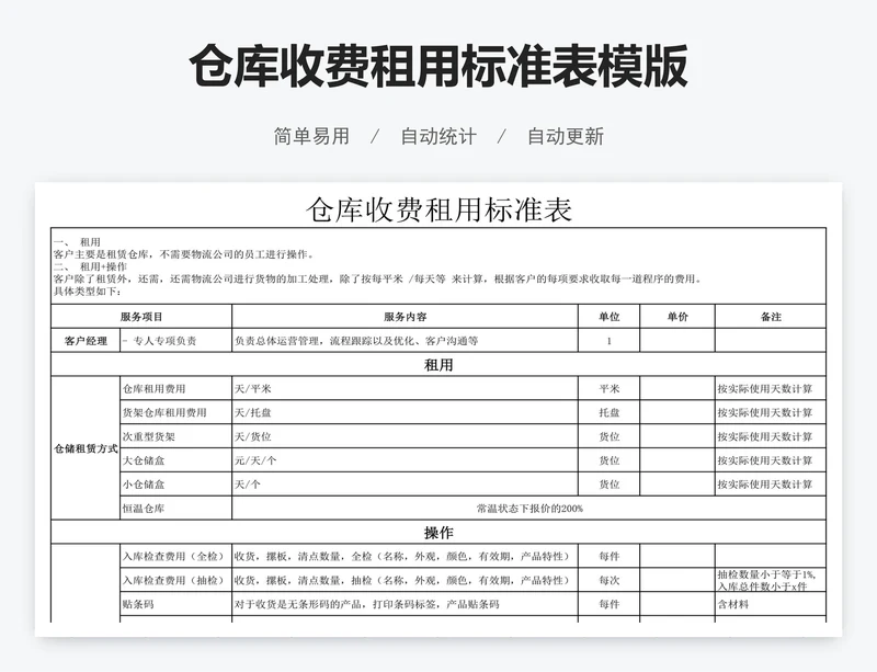 仓库收费租用标准表模版