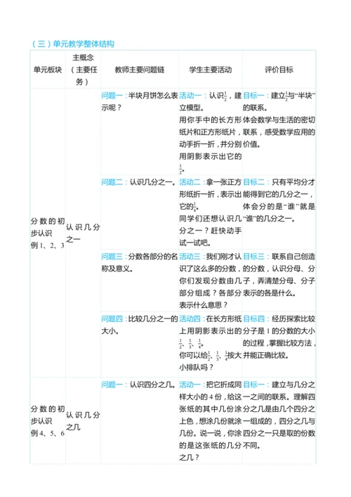 （大单元整体教学）第八单元分数的初步认识 单元分析（表格式）教学设计 人教版 三年级上册数学