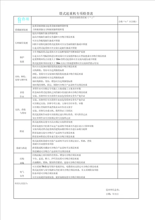 塔式起重机专项检查表格