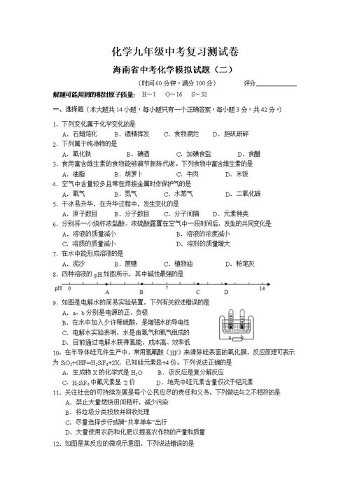 2019年海南省中考化学模拟试题(二)(共5页)