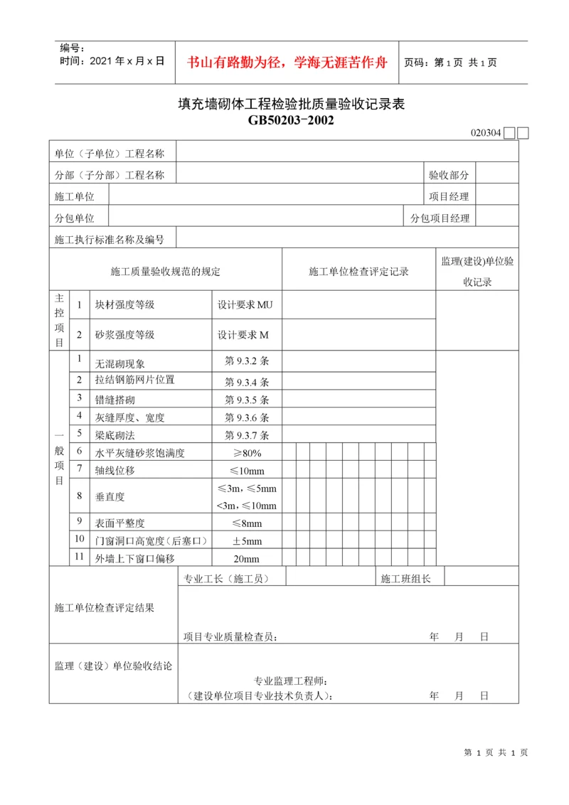 填充墙砌体工程检验批质量验收记录表.docx