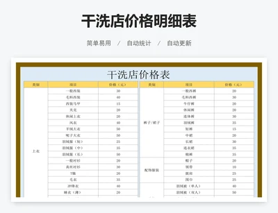干洗店价格明细表