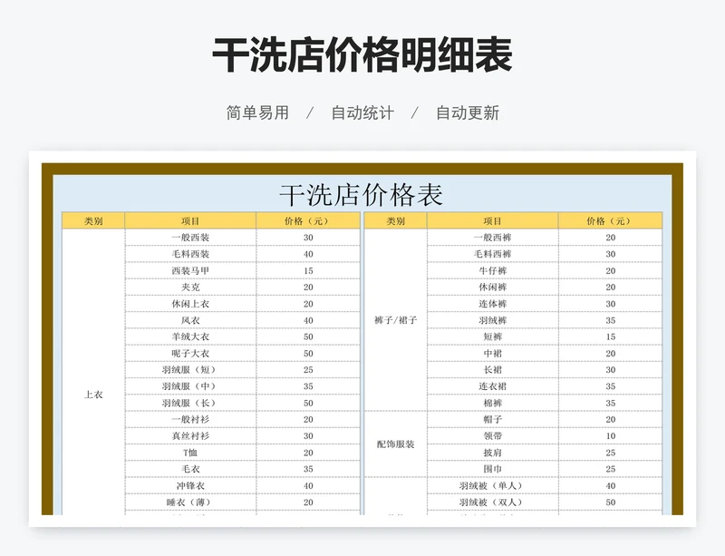 干洗店价格明细表