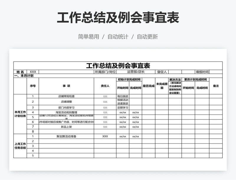 工作总结及例会事宜表