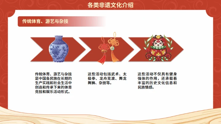 非遗教育课程传统文化传承红色底纹通用PPT模板