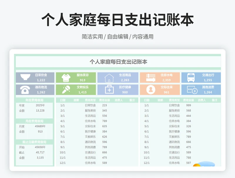 个人家庭每日支出记账本