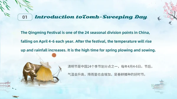 清新淡雅水墨中国风中国传统节气清明节英文介绍课件PPT