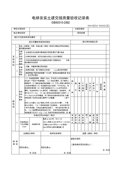 电梯安装土建交接质量验收记录表