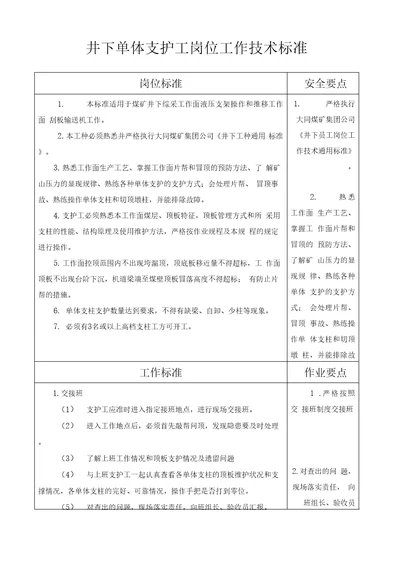 井下单体支护工工作技术标准