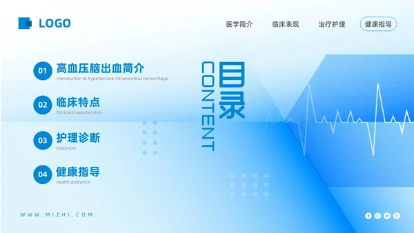 蓝色简约高血压脑出血护理查房PPT模板宣传PPT动态PPT