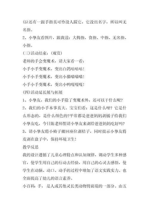 2024年幼儿园中班语言教案《我的小手》含反思