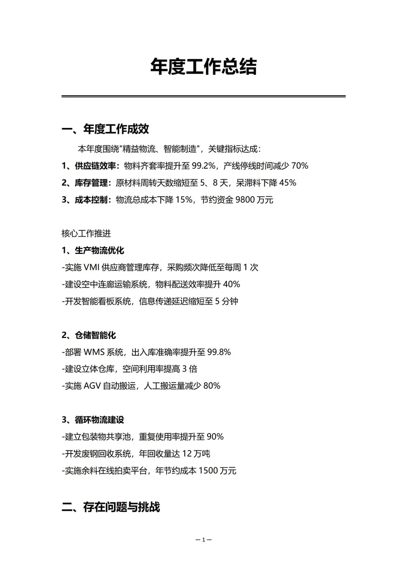 制造业物流部门年度工作总结