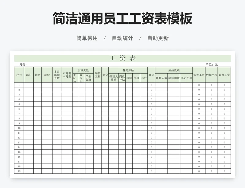 简洁通用员工工资表模板