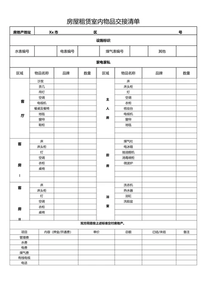 房屋租赁室内物品交接清单