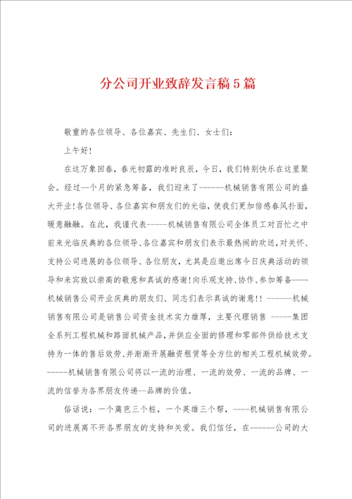 分公司开业致辞发言稿5篇