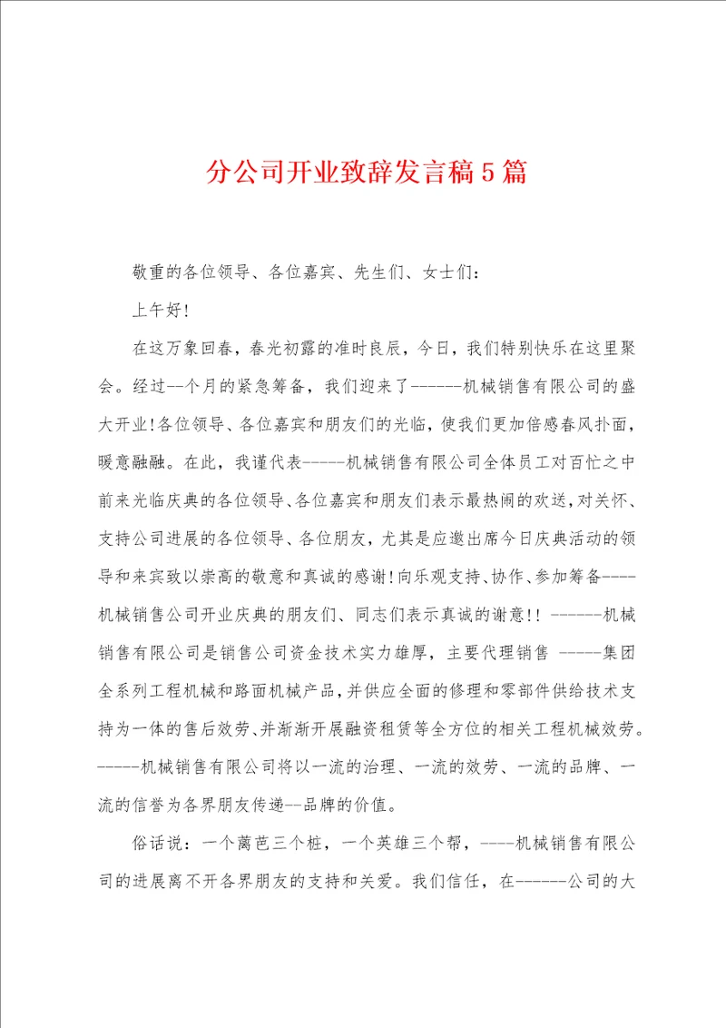 分公司开业致辞发言稿5篇