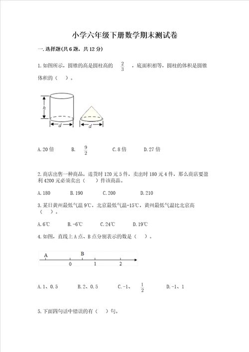 小学六年级下册数学期末测试卷带答案（轻巧夺冠）