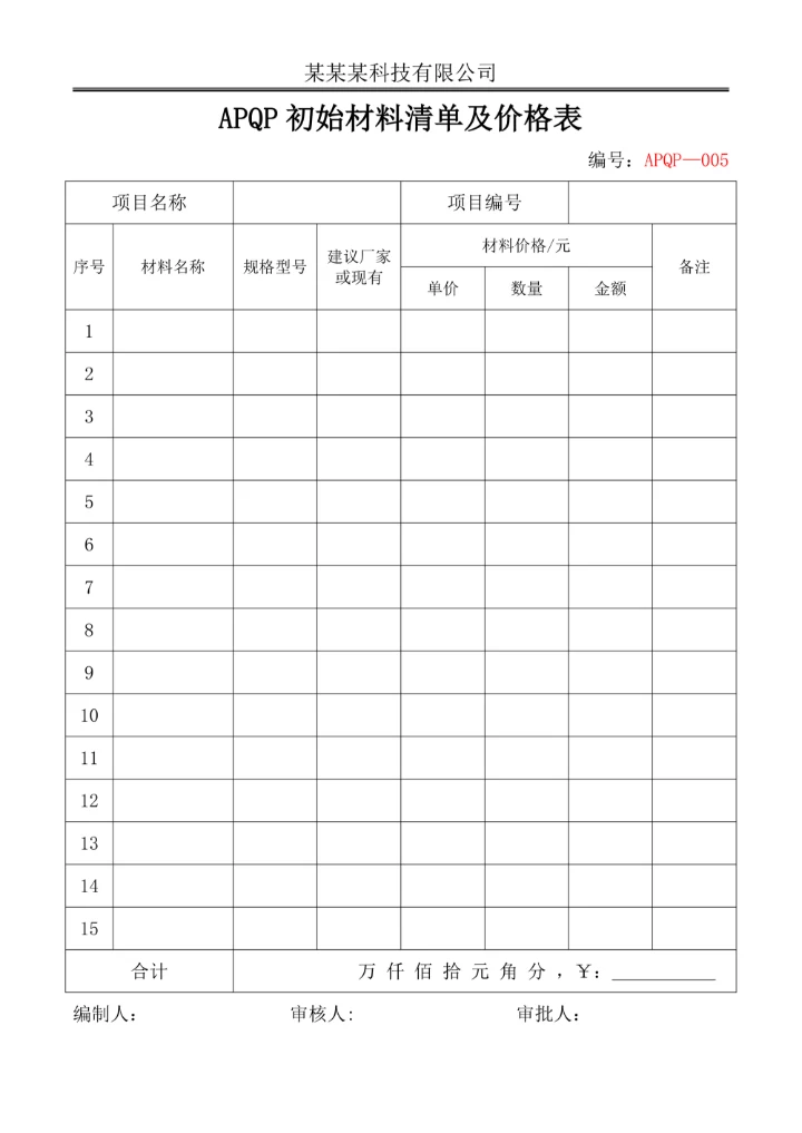 APQP初始材料清单及价格表