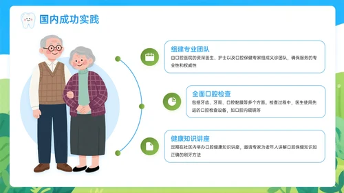 蓝绿色插画风关于社区义诊助力老年口腔保健PPT模板