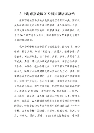 在上海市嘉定区ＸＸ镇挂职培训总结