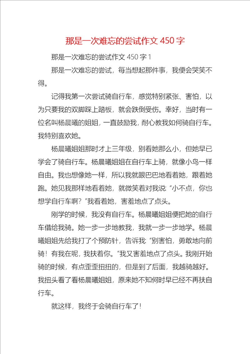 那是一次难忘的尝试作文450字