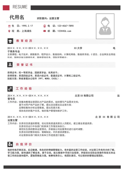 大气运营主管经理简历模板A4求职简历word