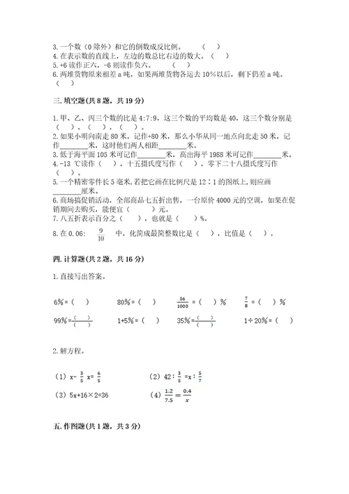 南阳市新野县六年级下册数学期末测试卷及参考答案一套