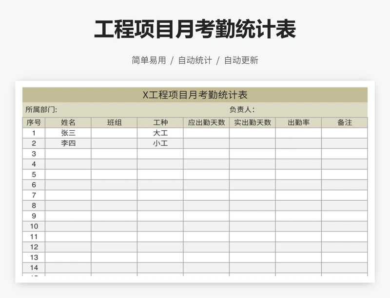工程项目月考勤统计表
