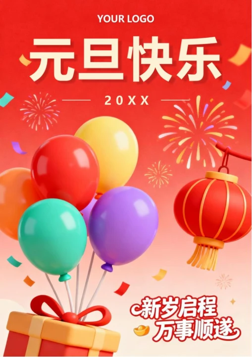 红色喜庆膨胀风元旦节节日海报