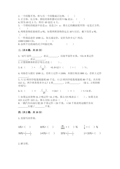 河南省平顶山市六年级下册数学期末考试试卷带答案ab卷.docx