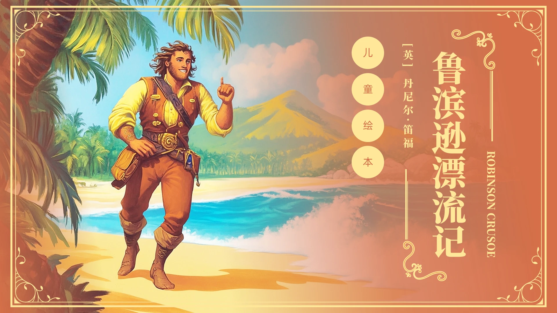 棕色卡通鲁宾孙漂流记儿童绘本PPT儿童故事绘本