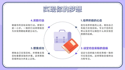紫色扁平学生梦想引领行动不休止班会带内容PPT模板