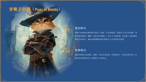 蓝色插画风《穿靴子的猫》童话故事PPT模板