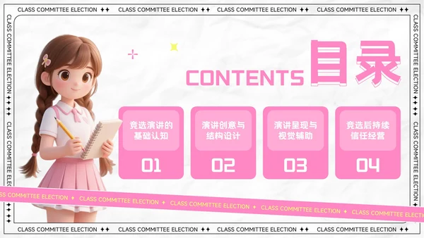 粉色卡通风大学生班委竞选演讲PPT模板