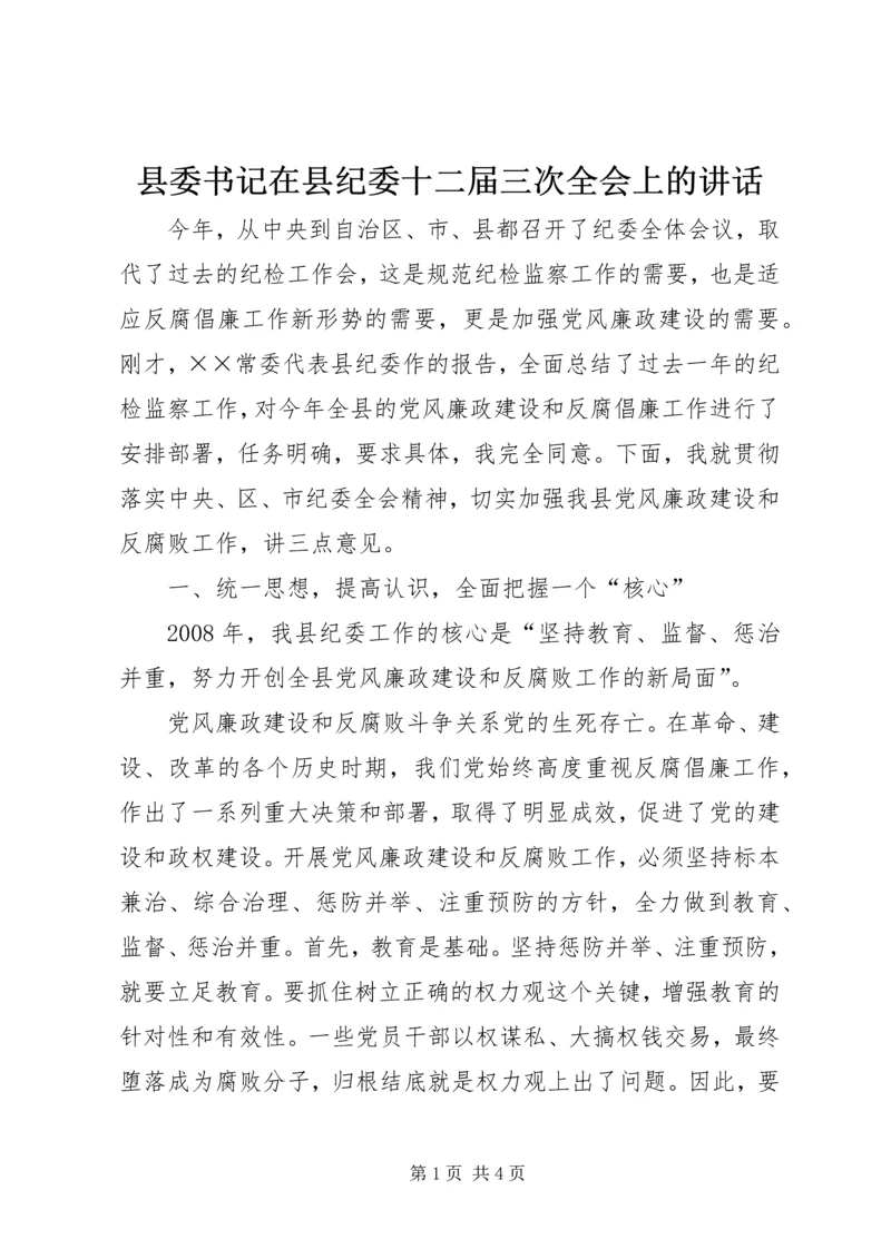 县委书记在县纪委十二届三次全会上的讲话.docx