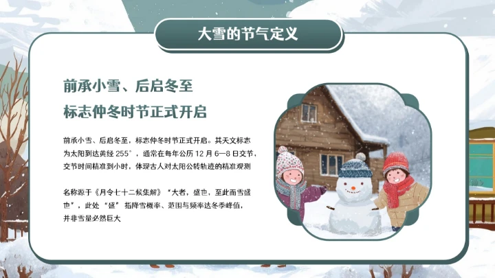 青色卡通中国传统二十四节气之大雪小学教育科普PPT模板